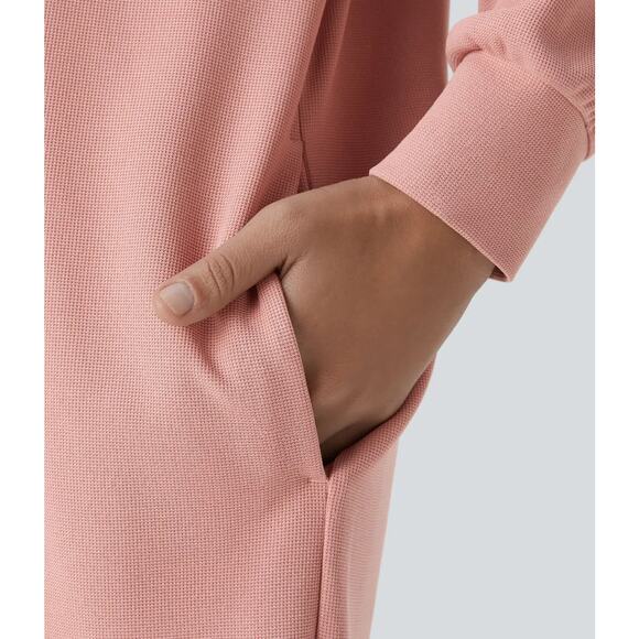 Halara Dress Large Rose Pink Hooded Sweatshirt V Neck Pocket Waffle Knit Casual - Picture 5 of 16